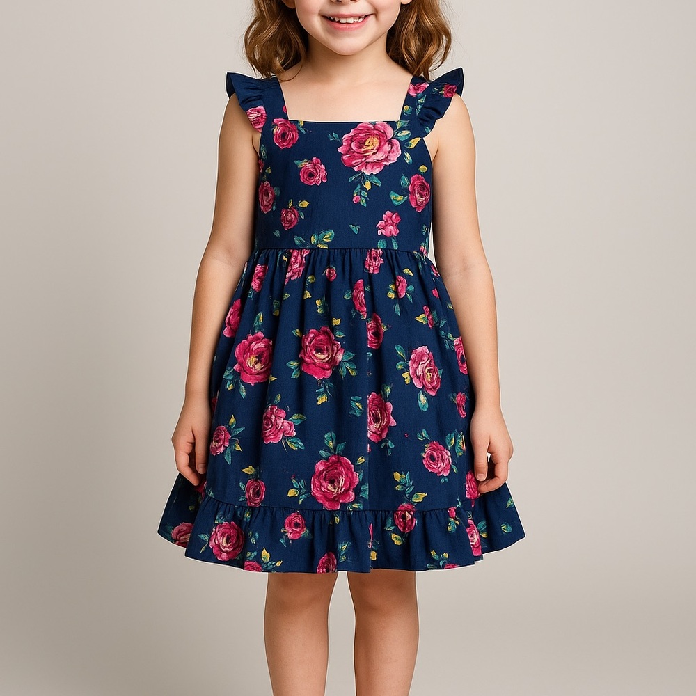 New! Zunie Girl Cotton Floral  Knee-Length Dress Navy Multi, size‎ M, size 7-8.